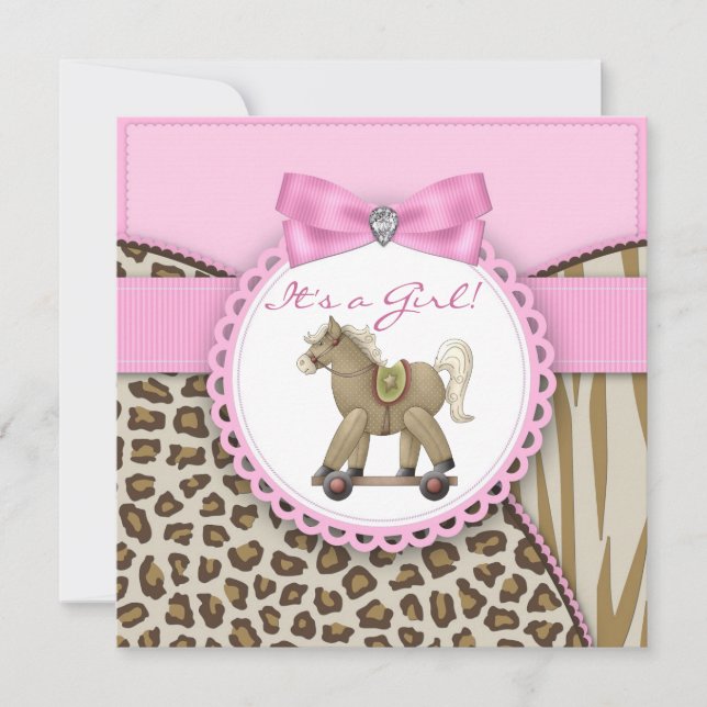 Invitación Chica Bebé Ducha Caballo de Balanza Marrón y Rosa (Anverso)