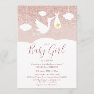 Invitación Chica Bebé Ducha de Bebé Cigüeña Rosa Dorado Brill