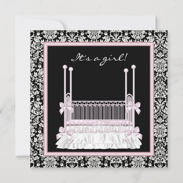 Invitación Chica Bebé Ducha de seda rosa y negra Damask Cuna (Anverso)