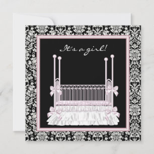 Invitación Chica Bebé Ducha de seda rosa y negra Damask Cuna