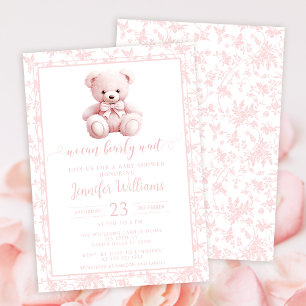 Invitación Chica bebé ducha patrón floral oso de peluche rosa