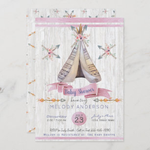 Invitación Chica Bebé Ducha Rosa Boho Moda Tepee & Arrows