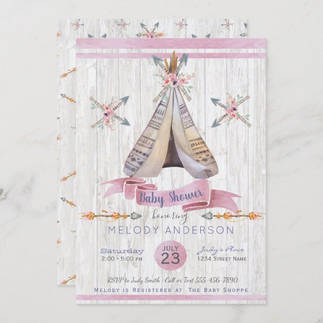 Invitación Chica Bebé Ducha Rosa Boho Moda Tepee & Arrows (Anverso / Reverso)