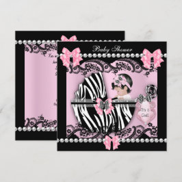 Invitación Chica Bebé Dulce Cumpleaños Rosa Cebra Encaje