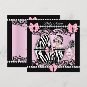 Invitación Chica Bebé Dulce Cumpleaños Rosa Cebra Encaje