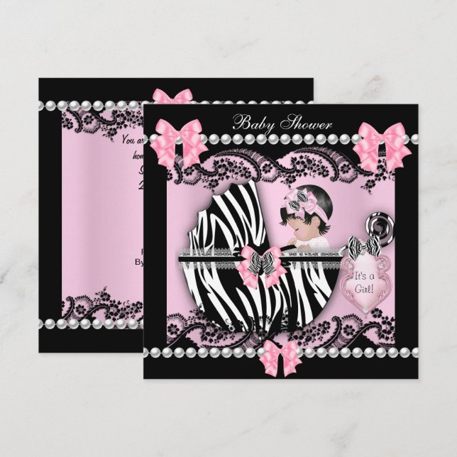 Invitación Chica Bebé Dulce Cumpleaños Rosa Cebra Encaje (Anverso / Reverso)