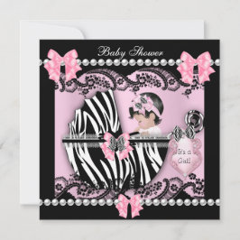Invitación Chica Bebé Dulce Cumpleaños Rosa Cebra Encaje