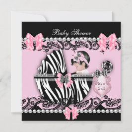 Invitación Chica Bebé Dulce Cumpleaños Rosa Cebra Encaje 2