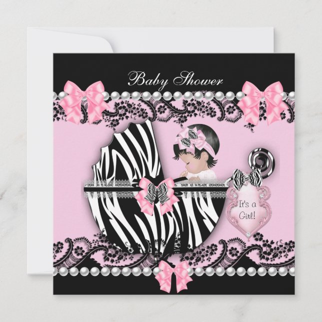 Invitación Chica Bebé Dulce Cumpleaños Rosa Cebra Encaje 2 (Anverso)