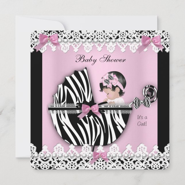 Invitación Chica Bebé Dulce Ducha Baby Shower Cebra Rosa Enca (Anverso)