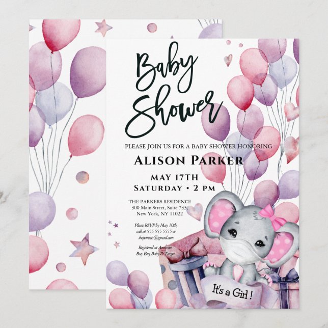 Invitación Chica bebé elefante globos rosados lindo Baby Show (Anverso / Reverso)