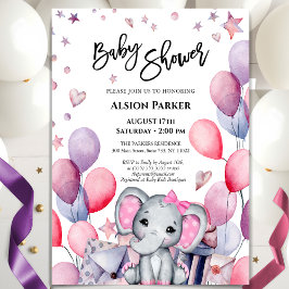 Invitación Chica bebé elefante globos rosados lindo Baby Show