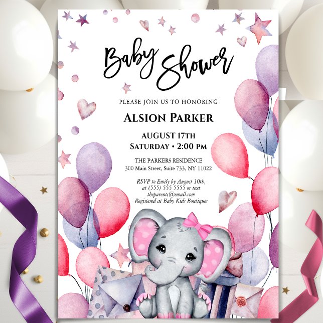 Invitación Chica bebé elefante globos rosados lindo Baby Show (Subido por el creador)