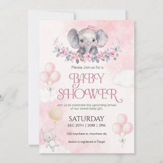Invitación Chica Bebé Elefante Rosa Aquarela Baby Shower
