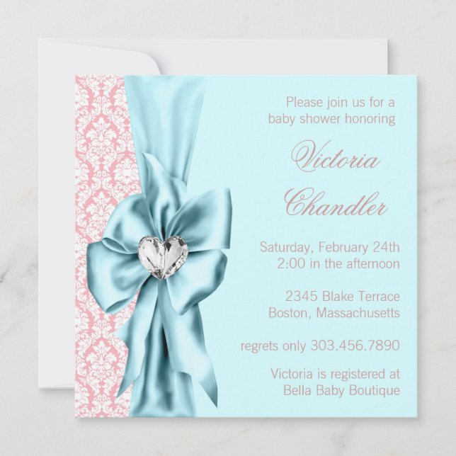 Invitación Chica Bebé Elegante Azul Turquesa Rosa Damasco Duc (Anverso)