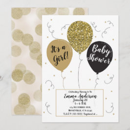 Invitación Chica Bebé Glitter Dorado Globos Negros Shower