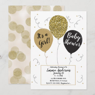 Invitación Chica Bebé Glitter Dorado Globos Negros Shower