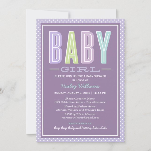 Invitación Chica Bebé Lavanda Tipo Negrita Baby Shower (Anverso)
