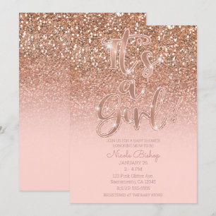 Invitación Chica Bebé Moderno Brillo Glam Rosa Sonrojo Baño d