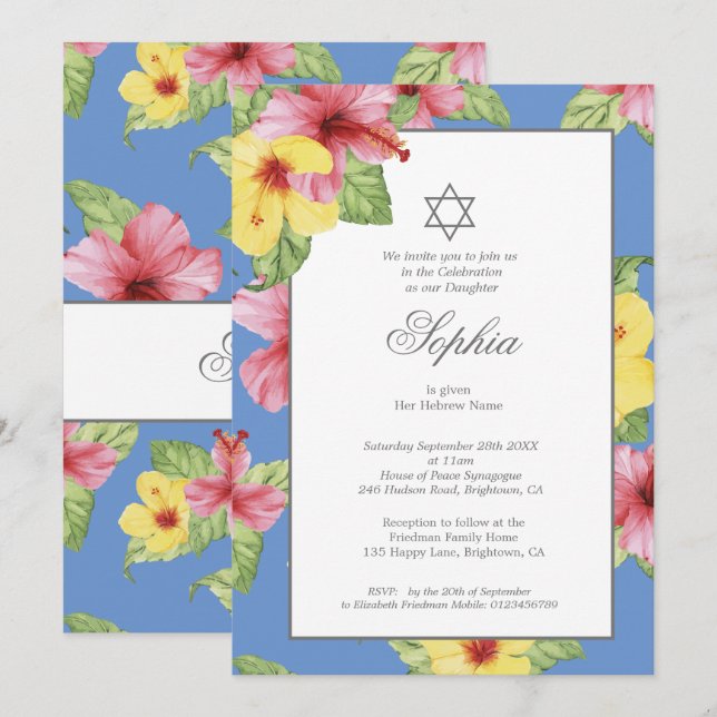 Invitación Chica bebé Naming Blue Hebrew Floral Blue (Anverso / Reverso)