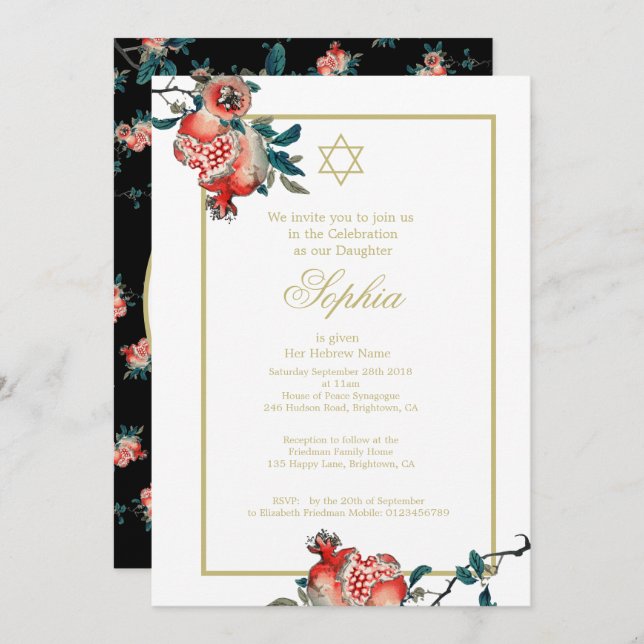 Invitación Chica bebé Naming Gold Elegant Hebreo Pomegranate (Anverso / Reverso)