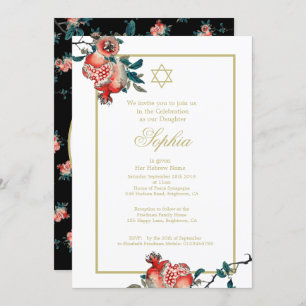 Invitación Chica bebé Naming Gold Elegant Hebreo Pomegranate