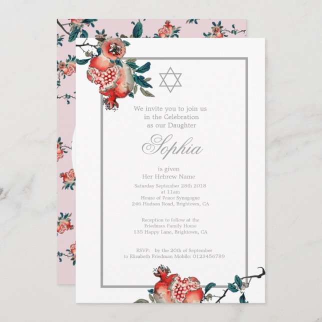 Invitación Chica bebé Naming Plata Rosa Hebreo Pomegranato (Anverso / Reverso)