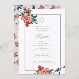 Invitación Chica bebé Naming Plata Rosa Hebreo Pomegranato
