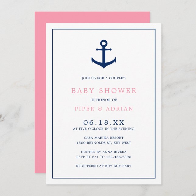 Invitación Chica Bebé Náutico Ancla Azul Rosa Ducha Parejas (Anverso / Reverso)
