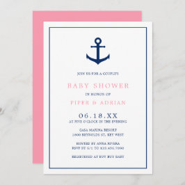 Invitación Chica Bebé Náutico Ancla Azul Rosa Ducha Parejas