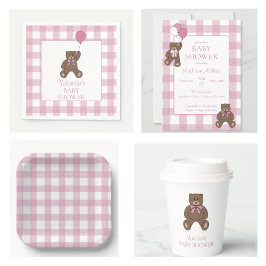 Invitación Chica Bebé Oso de Peluche Rosa y Blanco Baby Showe
