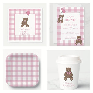 Invitación Chica Bebé Oso de Peluche Rosa y Blanco Baby Showe