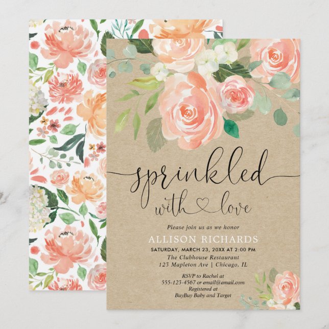 Invitación Chica bebé rociar durazno floral kraft rústico (Anverso / Reverso)