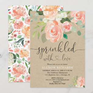 Invitación Chica bebé rociar durazno floral kraft rústico