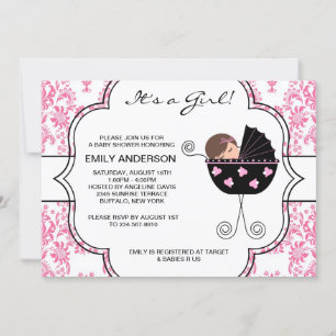 Invitación Chica Bebé Rosa Negro Damasco Fiesta de Cumpleaños