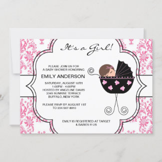 Invitación Chica Bebé Rosa Negro Damasco Fiesta de Cumpleaños