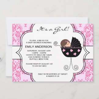 Invitación Chica Bebé Rosa Negro Damasco Fiesta de Cumpleaños