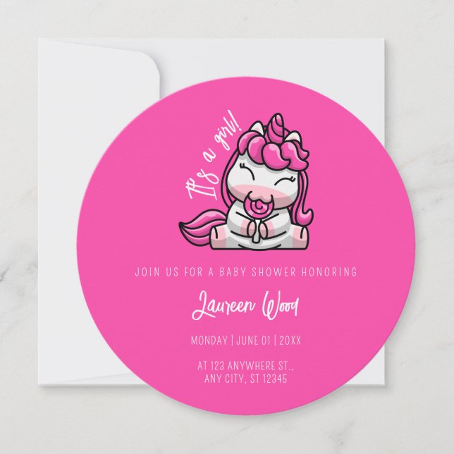 Invitación Chica bebé rosa Unicornio Fiesta de revelación de  (Anverso)