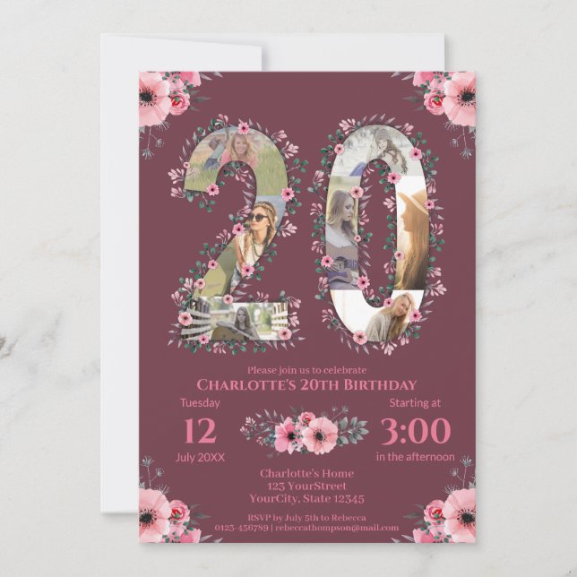 Invitación Chica Big 20 Collage de fotos de cumpleaños Flor r (Anverso)