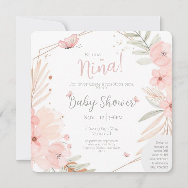 Invitación Chica bilingüe (de dos lados) Baby Shower rosado (Anverso)