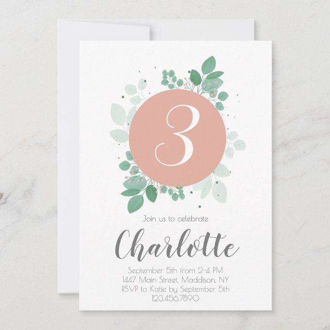 Invitación Chica Birthday Floral laurel (Anverso)