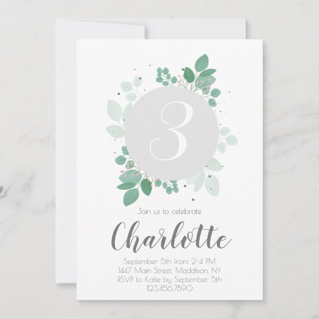 Invitación Chica Birthday Floral laurel (Anverso)