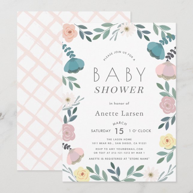 Invitación Chica blanco Floral Garden Baby Shower (Anverso / Reverso)