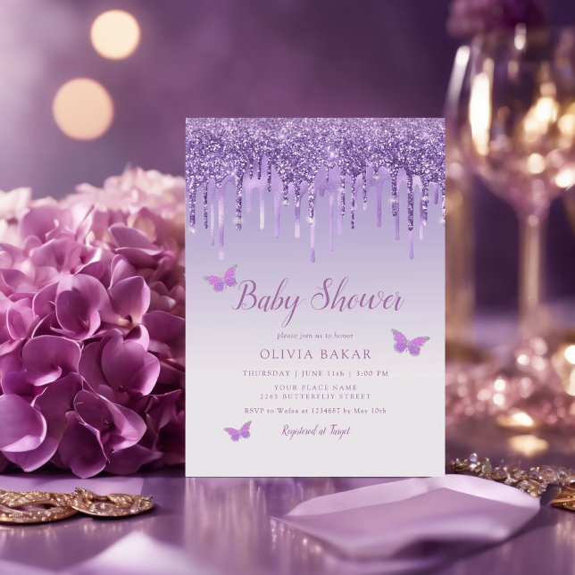 Invitación Chica Boho Cute Ombre Morado Mariposa Baby Shower (Subido por el creador)