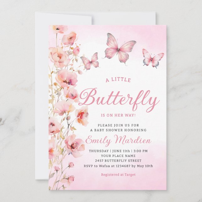 Invitación Chica Boho Cute Pink Floral Butterfly Baby Shower (Anverso)