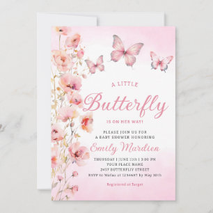 Invitación Chica Boho Cute Pink Floral Butterfly Baby Shower