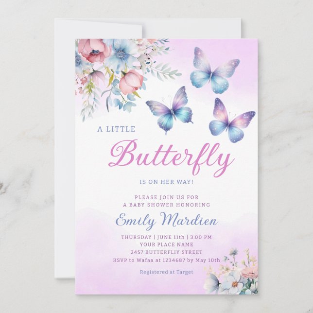 Invitación Chica Boho Cute Purple Floral Butterfly Baby Showe (Anverso)