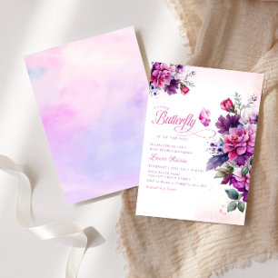 Invitación Chica Boho Cute Purple Floral Butterfly Baby Showe