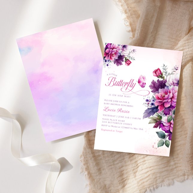 Invitación Chica Boho Cute Purple Floral Butterfly Baby Showe (Subido por el creador)