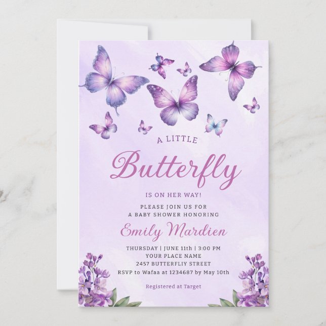 Invitación Chica Boho Cute Purple Floral Butterfly Baby Showe (Anverso)